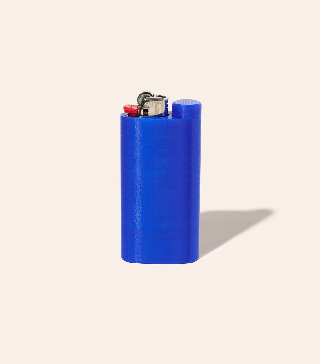 The Internet Blue Jointlocker 2.0 with BIC lighter inserted into case, and cap twisted onto joint holder area