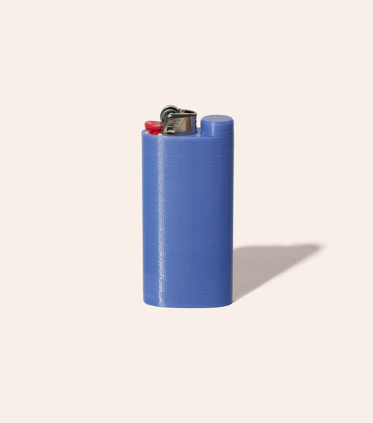 The Periwinkle Jointlocker 2.0 with BIC lighter inserted into case, and cap twisted onto joint holder area